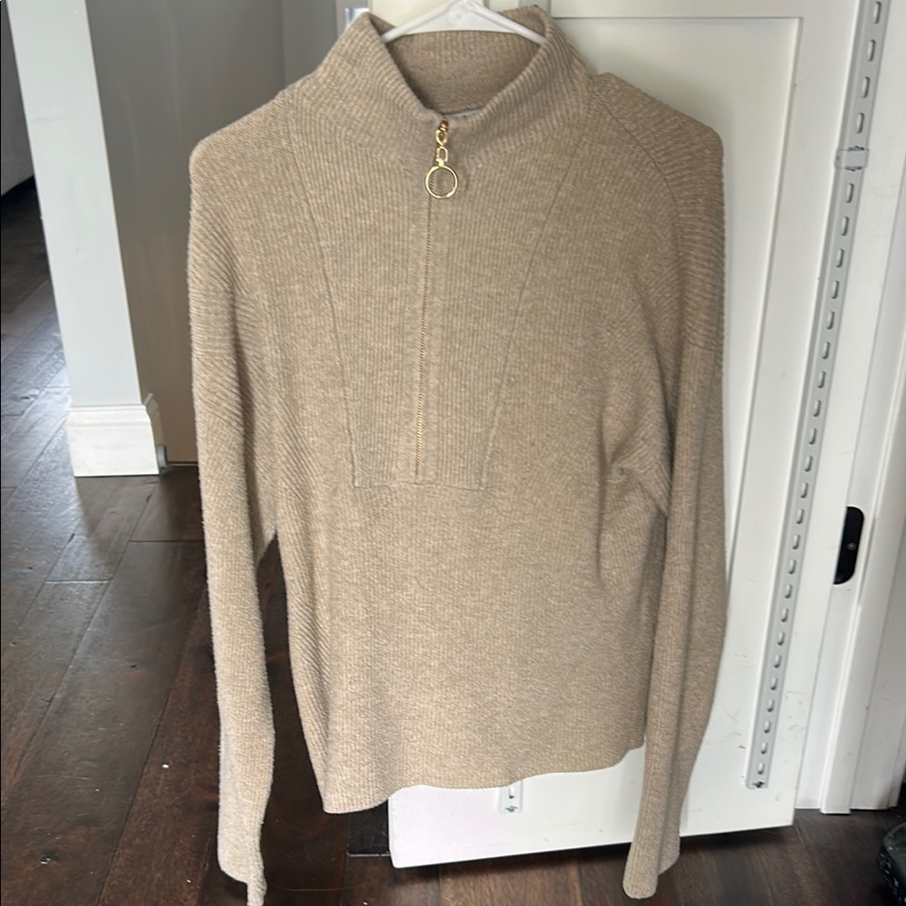 Elegant Tan Sweater with Gold Zipper